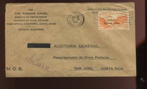 Canal Zone CO2 Airpost Official Used on OB Penalty Cover to Costa Rica CZ MOB18