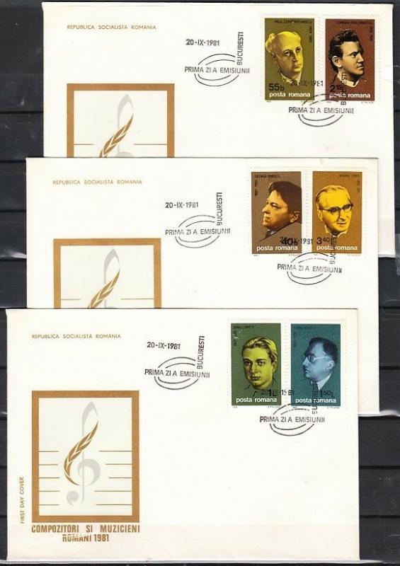 Romania, Scott cat. 3027-3032. Composers & Musicians issue. 3 First day Covers.^