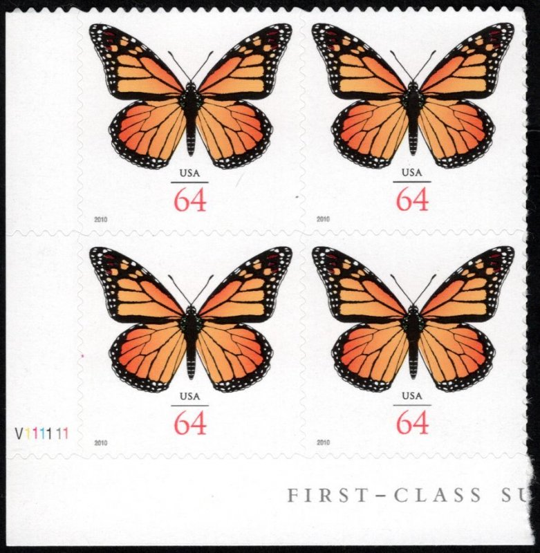 US #4462 64c Monarch Butterfly, PLATE BLOCK, VF mint never hinged, SUPER NICE!