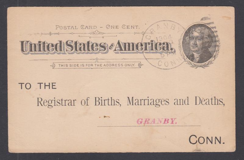 US Sc UX12 used. 1904 Registrar of Births, Marriages & Deaths postal card