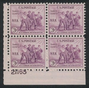 Scott 732- MNH Plate Block- 3c National Recovery Act, NRA- 1933- unused mint