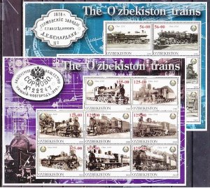 Uzbekistan, 2001 Cinderella issue. Locomotives on 2 sheets of 8.