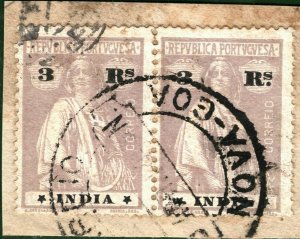 Portugal Colonies INDIA Stamps 3Rs Pair *NOVA-GOA* CDS 1914 Used Piece ORANGE363