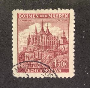 Bohemia & Moravia 1942  Scott 53 used - 1.50k, St Barbara’s Church