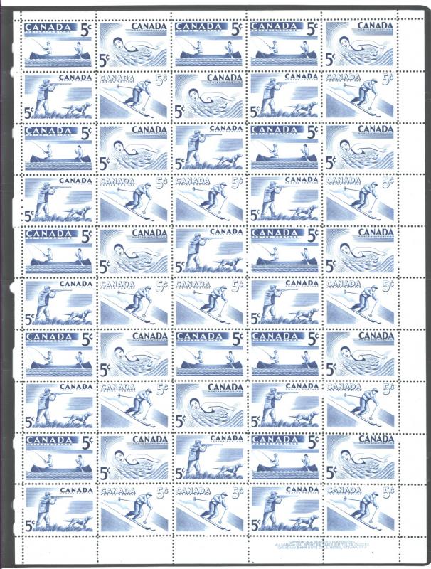 ​CANADA,1957 RECREATION SPORTS,FULL SHEETS (4) #365 - 368
