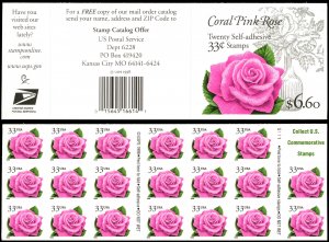 US Sc 3052d MNH COMPLETE BKLT - 1999 33¢ - Coral Pink Rose - 20 Stamps