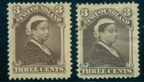 NEWFOUNDLAND #51-2 3c umber brown & violet brown, Queen Victoria, og, hinged, VF