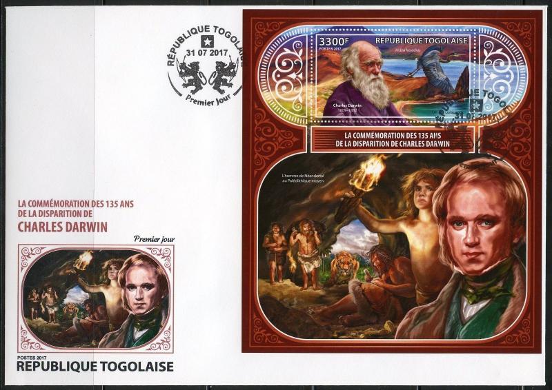 TOGO  2017  135th MEMORIAL OF CHARLES DARWIN  SOUVENIR SHEET FIRST DAY COVER