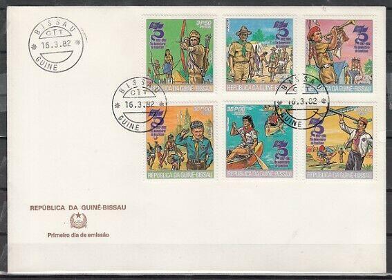 Guinea Bissau, Scott cat. 428-431, C41-42. Scouts Anniversary. First day cover.^