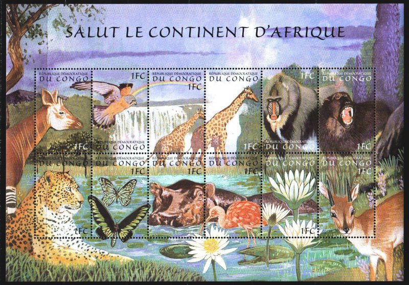 Kinshasa. 2000. Small sheet 1411-12. African fauna, hippo, butterflies. MNH.