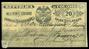 COLOMBIA 1892 INSURED LETTER STAMPS Cubiertas - 20c  Scott # G21 used