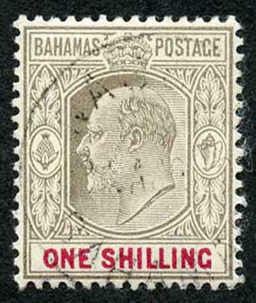 Bahamas SG68 1902 1/- Brownish grey and Carmine wmk Crown CA Fine used