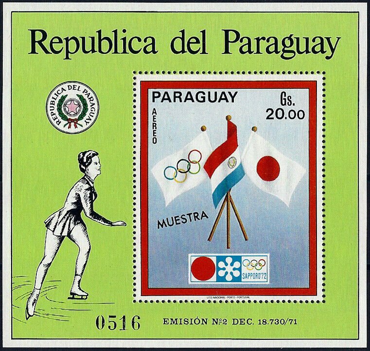 1972 Paraguay Olympics Sapporo, Flags, Sheet Nr. 178 MUESTRA VF/MNH! 