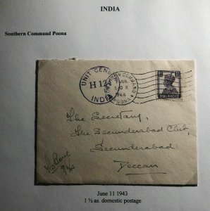 1943 Southern Command Poona India Censored Cover To Deccan