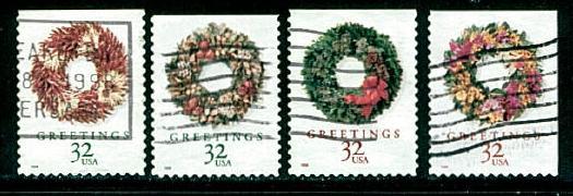 #3249 - 3252 Christmas Wreaths S/A Singles(Off Paper) - Used