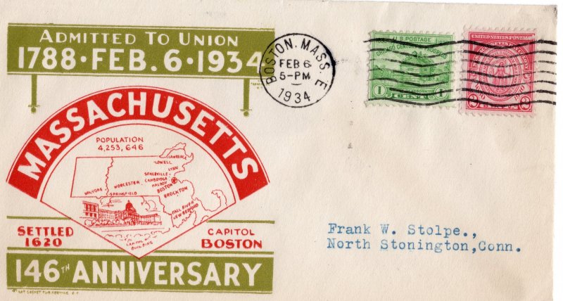 United States 1934 Cachet Cover Massachusetts 146th Anniversary