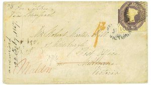 P5333 - GREAT BRITAIN. S.G. 59, USED ON SMALL COVER 1856 TO VICTORIA (AUSTRALIA)
