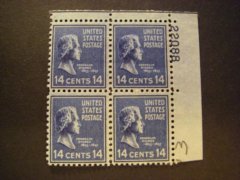 Scott 819, 14c Franklin Pierce, PB4 #22088 UR, MNH Prexie