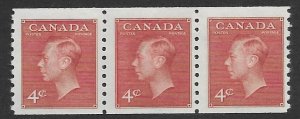 Canada 300  1950  4 cent coil strip of 3 fvf  mint nh