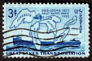 1955, US 3c, Map of Great Lakes, Used, Sc 1069