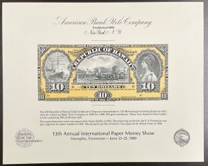 ABNC SO67 1989 Souvenir Card $10 Gold Certificate Republic of Hawaii