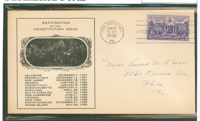 US 835 1938 3c Ratification of the US Constitution on an addressed first day cover with an unknown cachet.