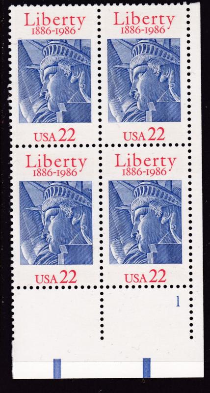 United States 1986 22c Statue of Liberty 1886-1986 Plate Number Block  VF/NH