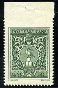 Vatican City #93var (Sass. 93d) Cat€220, 1945 50c dark green, imperf. at to...