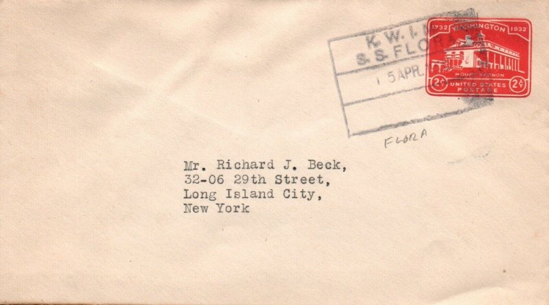 1932 KWIN SS Flora Ship Cover to NY - L35636