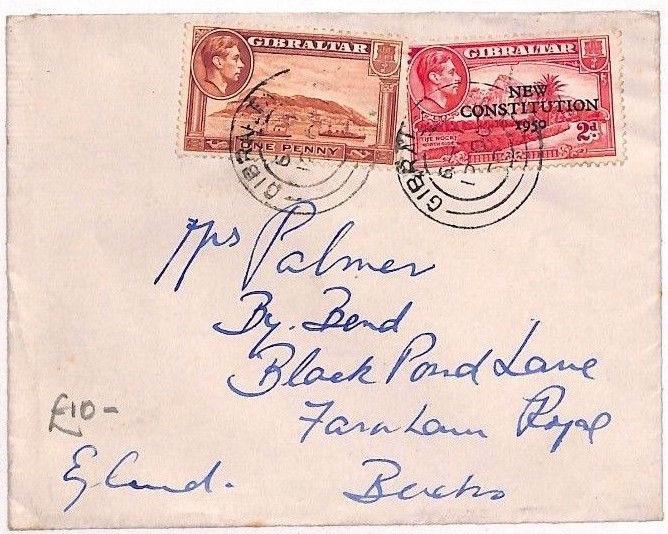 AU58 1950 Gibraltar *NEW CONSTITUTION* Mixed Franking GB Bucks {samwells-covers}