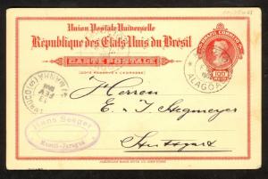 BRAZIL 1908 100r POSTAL CARD MACEIO to Stuttgart Germany Via Pernambuco