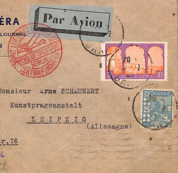 France Cols ALGERIA Cover 1934 *German Air Mail* Oran-Berlin 3f25c Leipzig YV260