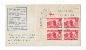 Cuba 1951  Clara Maass 2c PL block  of 4 FDC with cachet