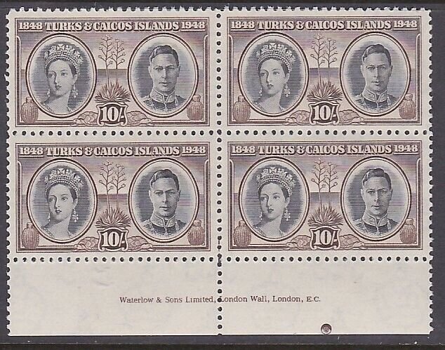 TURKS & CAICOS 1948 Centenary 10/- imprint block MNH.......................A6013