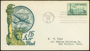 AUG 20, 1947 New York, 15¢ Airmail Staehle Cachet, First Day Cover Scott #C35!