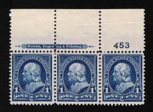 EXCELLENT GENUINE SCOTT #264 MINT OG LH FULL BEP IMPRINT & PLATE #453 STRIP OF 3