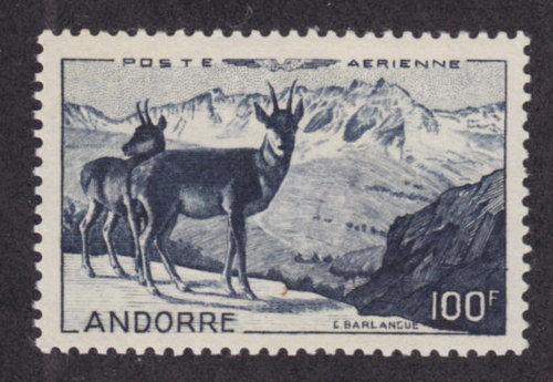 French Andorra Sc C1 MNH. 1950 100fr indigo Air Post VF+