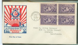 US 855 1939 3c Baseball/100th Anniversary (block of four) on an addressed (typed) FDC with a leather stocking (1st) cachet