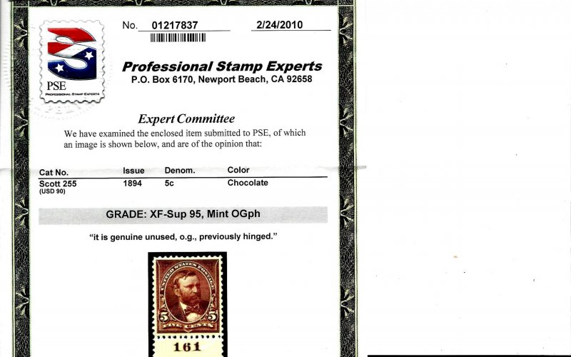 255 Mint,OG,H... PSE graded 95 XF-Superb... SMQ $350.00