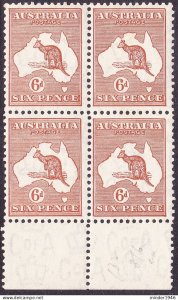 AUSTRALIA 1931 KGV 6d Chestnut, Kangaroo, Block of 4 SG132 MNH with Bottom Gu...