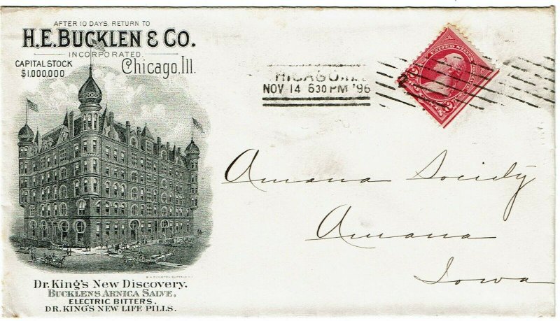 1896 Chicago machine cancel on ad cover for Dr. King's pharmaceutical products 