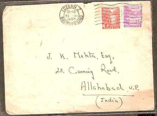 Switzerland 1936 Airmail Cover to India # 01589