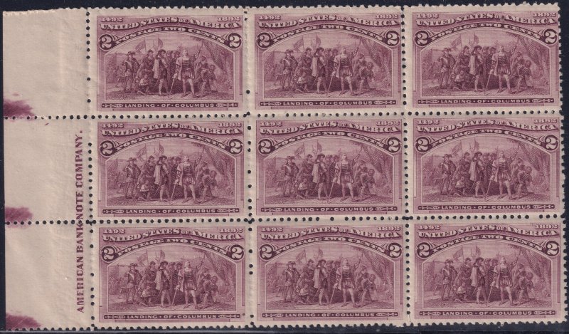 #231 Mint NH, Fine+, Block of 9, imprint, broken frame line (CV $390) (CV $31...