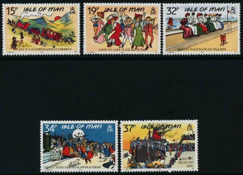 Isle of Man 413-7 MNH Edwardian Postcards, Trains, Ship, Horse