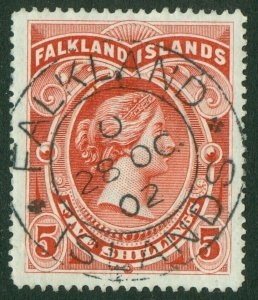 SG 42 Falklands 1898. 5/- red. Superb used with an upright Falkland Islands...