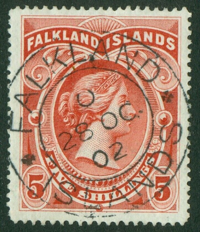 SG 42 Falklands 1898. 5/- red. Superb used with an upright Falkland Islands...