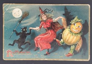 1908 Holyoke MA to Randolph VT Dancing Witch Pumpkin Halloween Picture Postcard