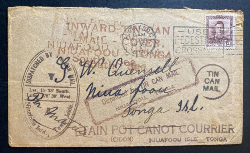 1938 Auckland New Zealand Tin Can Canoe Mail cover To Niuafoou Isle Tonga Toga