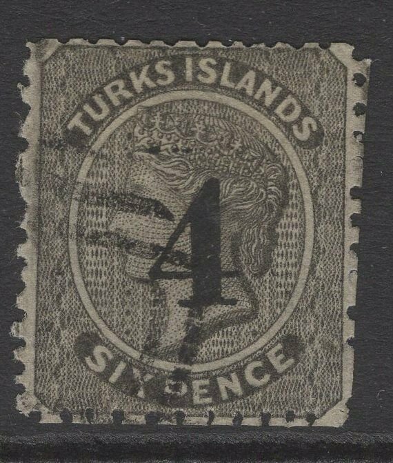 TURKS ISLANDS SG42 1881 4 on 6d BLACK 4 8mm HIGH POINTED TOP USED