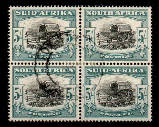 SOUTH AFRICA SG122 1949 5/= BLACK & PALE BLUE-GREEN BLOCK OF 2 PAIRS USED